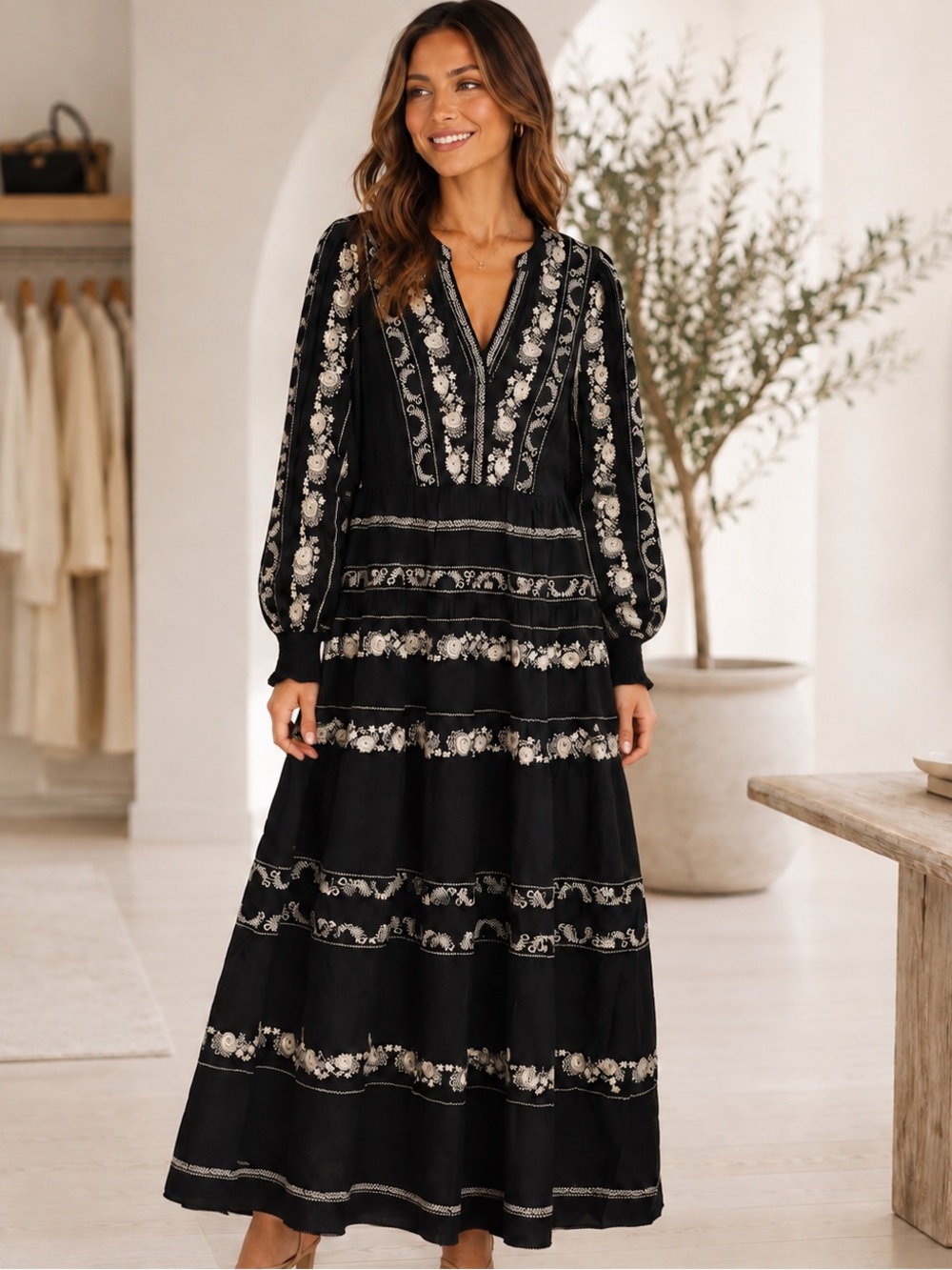 NWT Hale Bob Lily Black Embroidered Boho Maxi Dress